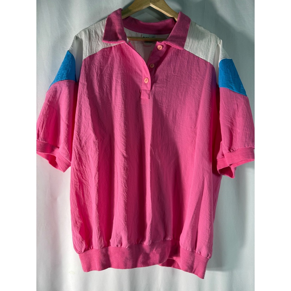 Orare Vintage 80s Colorblock Windbreaker‎ Polo Shirt Pink Blue White Womens 2X